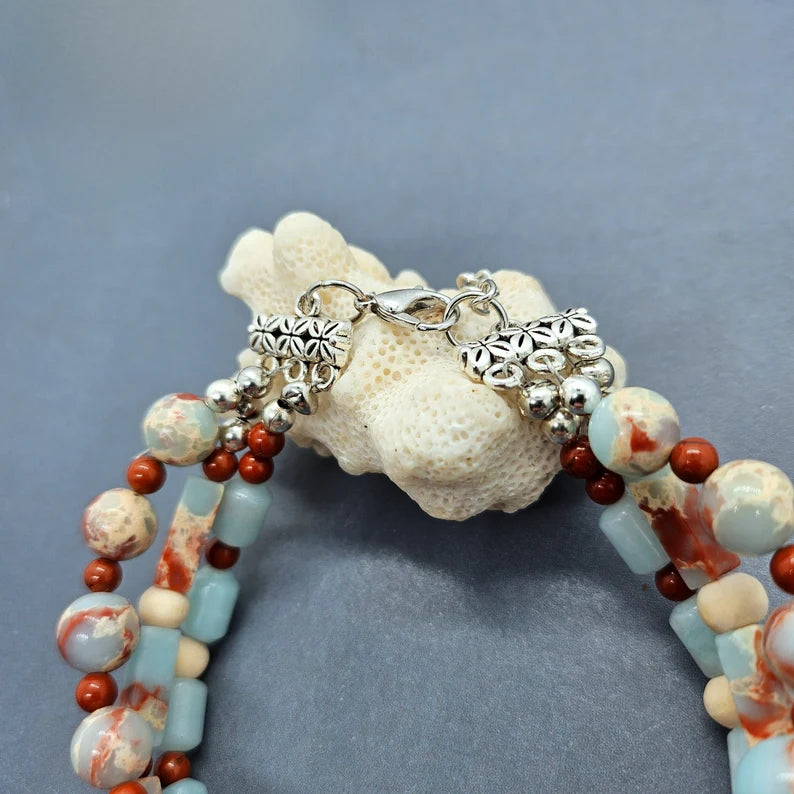 Hand Beaded Peruvian Blue Opal, Carnelian and Red Jasper Three Strand Adjustable Bracelet