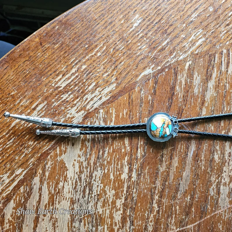 Handcut Turquoise Spiny Oyster and Bronze Sterling Silver Handmade Bolo Tie