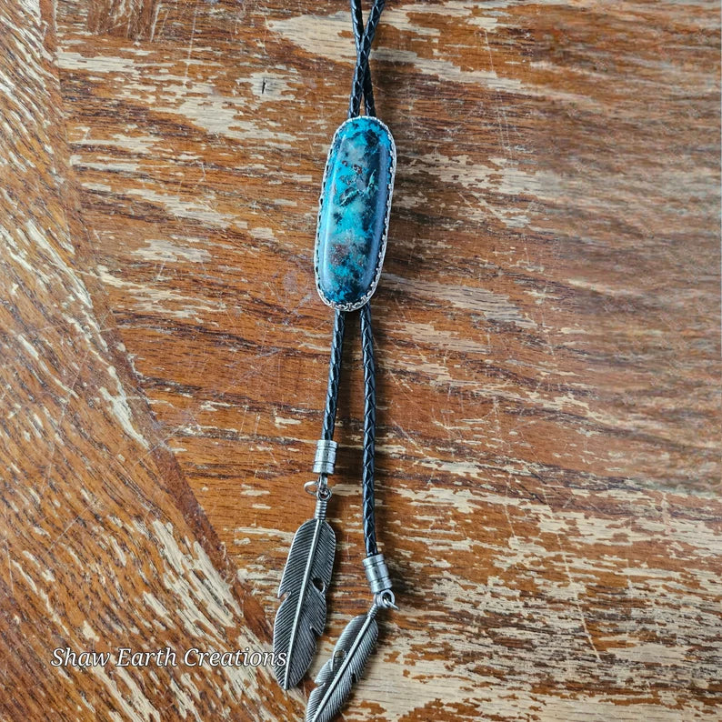 Handcut Chrysocolla Cuprite Sterling Silver Handmade Bolo Tie