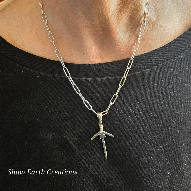 Handcut 1.5ct Blue Sapphire Silver Fantasy Sword Cosplay Necklace