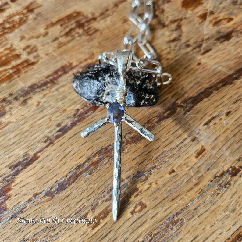 Handcut 1.5ct Blue Sapphire Silver Fantasy Sword Cosplay Necklace