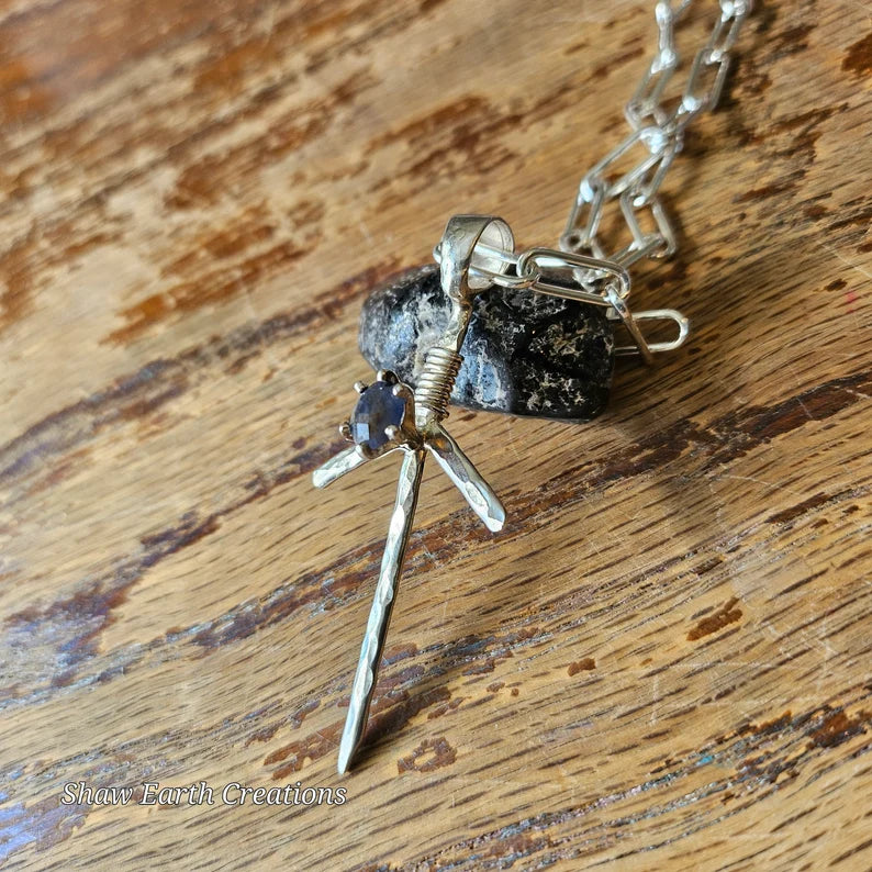 Handcut 1.5ct Blue Sapphire Silver Fantasy Sword Cosplay Necklace