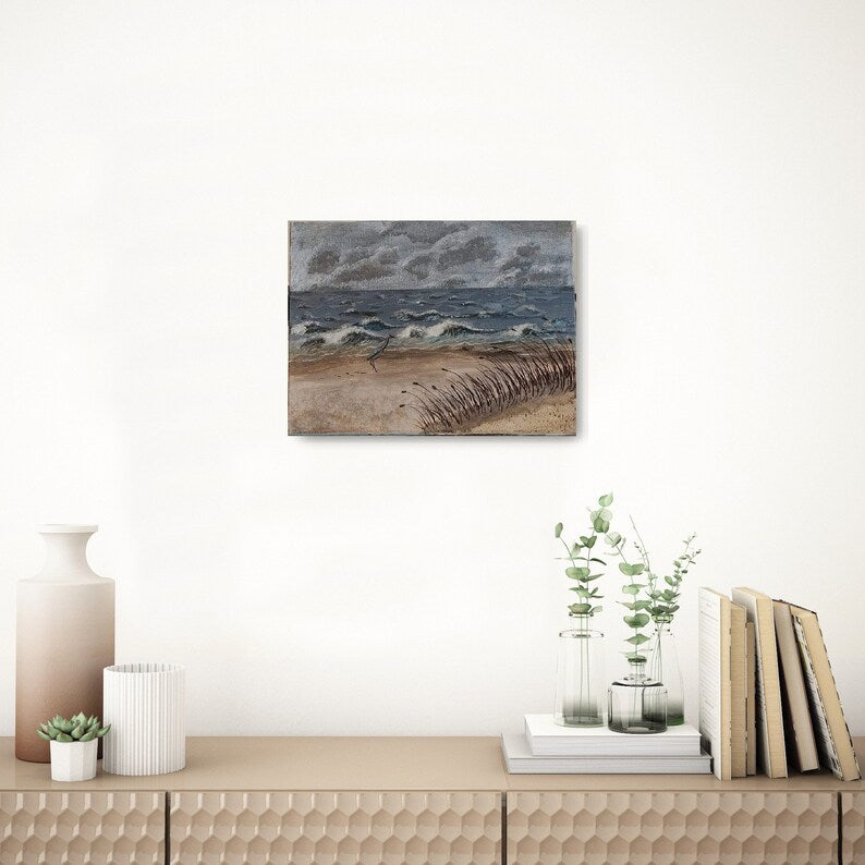 Hand Painted Acrylic Heron in a Storm Beach Painting