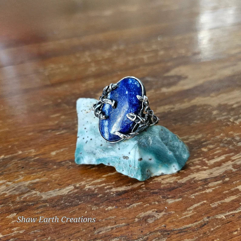 Handcut Lapis Lazuli Claw Branch Sterling Silver Fantasy Goth Ring