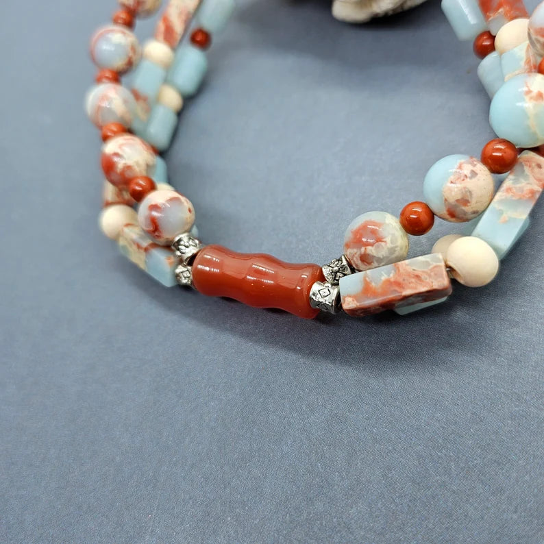 Hand Beaded Peruvian Blue Opal, Carnelian and Red Jasper Three Strand Adjustable Bracelet