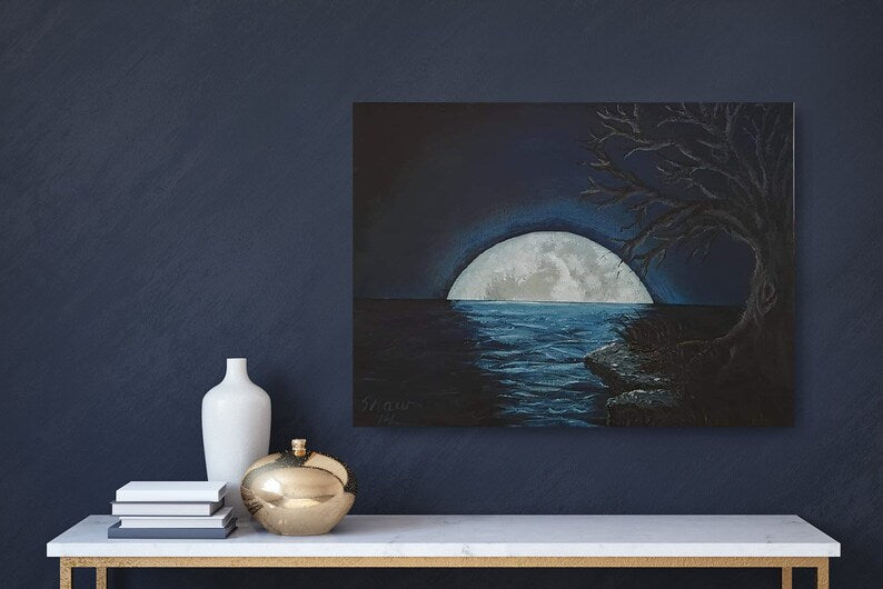 Fae Moon Rising Hand Painted Original Acrylic Painting on Canvas Board, part of The Shadow Realm, handmade by Shaw Earth Creations