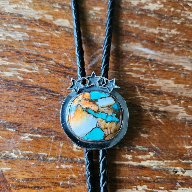 Handcut Turquoise Spiny Oyster and Bronze Sterling Silver Handmade Bolo Tie