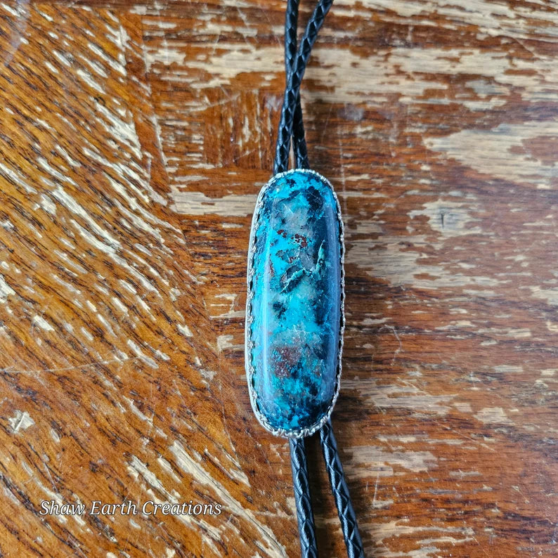 Handcut Chrysocolla Cuprite Sterling Silver Handmade Bolo Tie