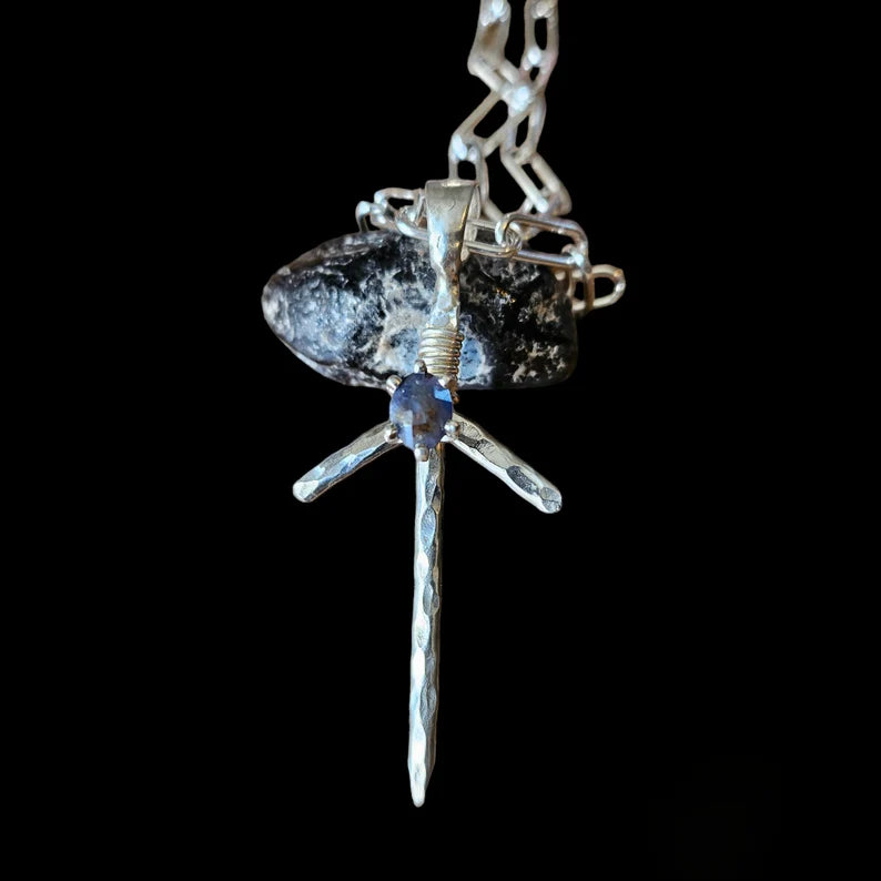 Handcut 1.5ct Blue Sapphire Silver Fantasy Sword Cosplay Necklace