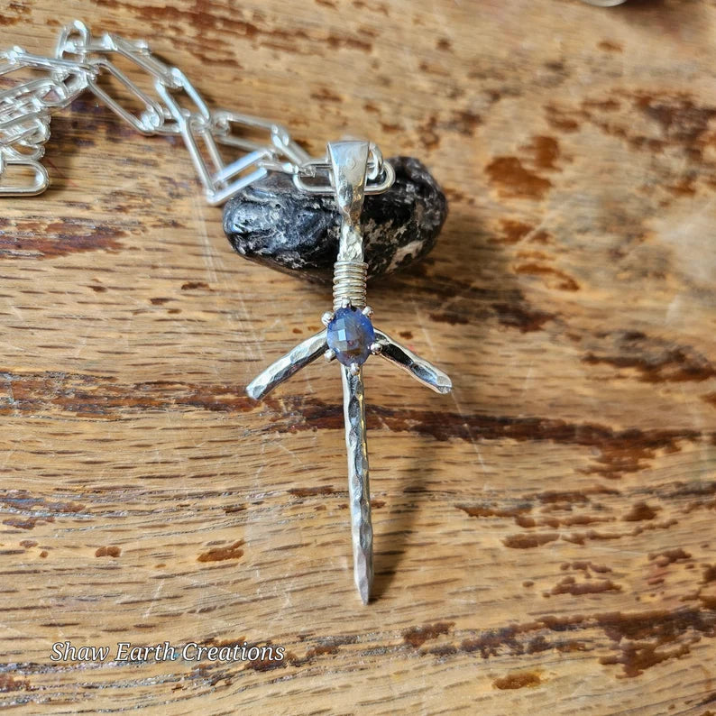 Handcut 1.5ct Blue Sapphire Silver Fantasy Sword Cosplay Necklace