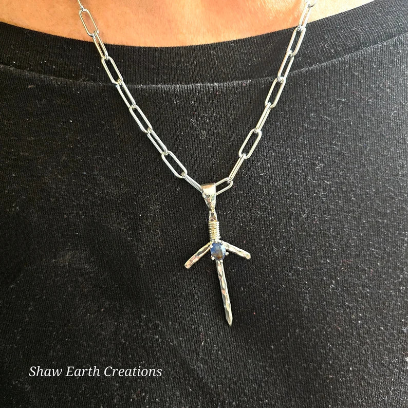 Handcut 1.5ct Blue Sapphire Silver Fantasy Sword Cosplay Necklace