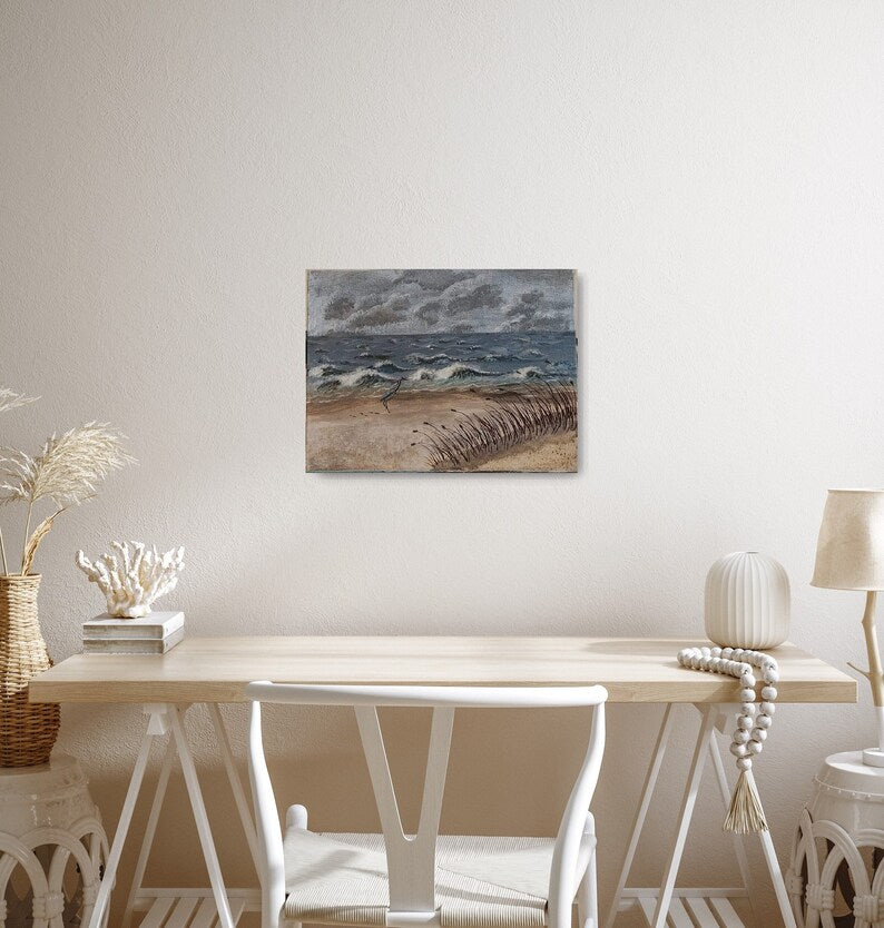 Hand Painted Acrylic Heron in a Storm Beach Painting