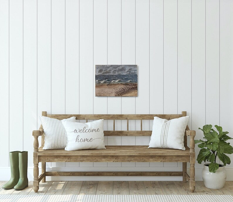 Hand Painted Acrylic Heron in a Storm Beach Painting