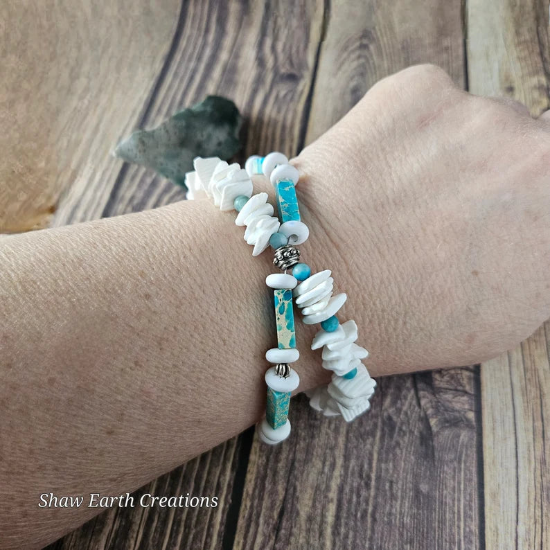 Hand Beaded Blue Opal Puka Shell Crisscross Bracelet