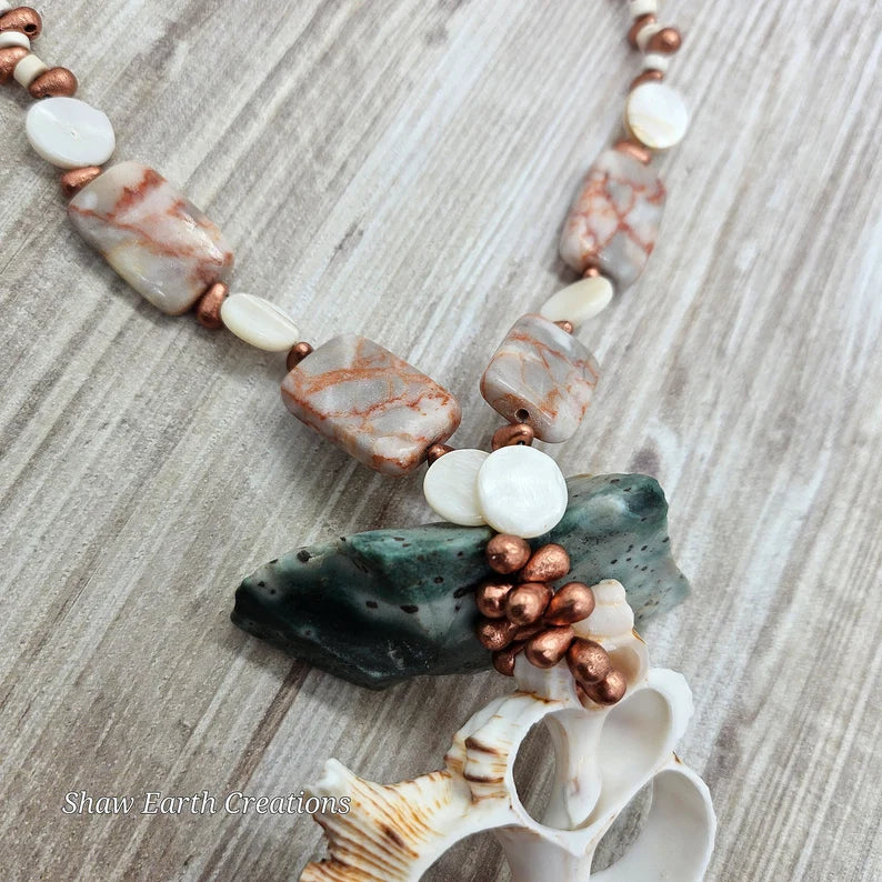 Hand Beaded Copper Picture Jasper and Seashell Necklace