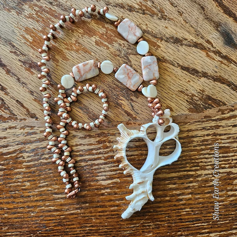 Hand Beaded Copper Picture Jasper and Seashell Necklace