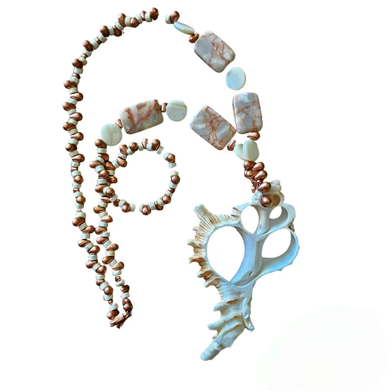 Hand Beaded Copper Picture Jasper and Seashell Necklace