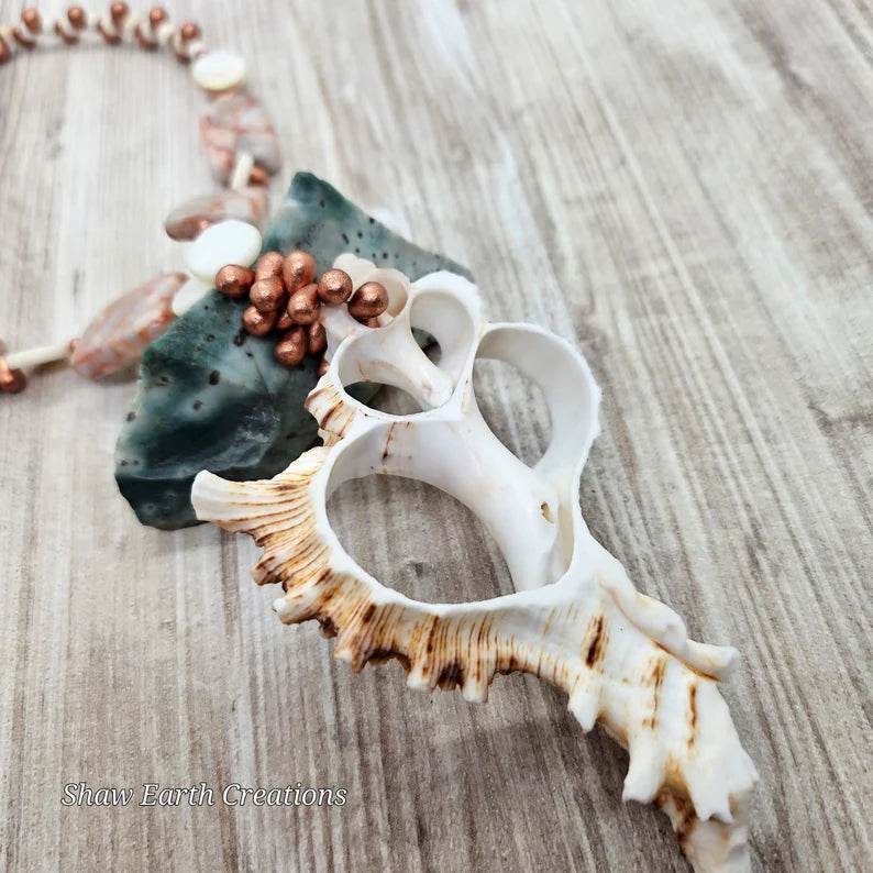 Hand Beaded Copper Picture Jasper and Seashell Necklace