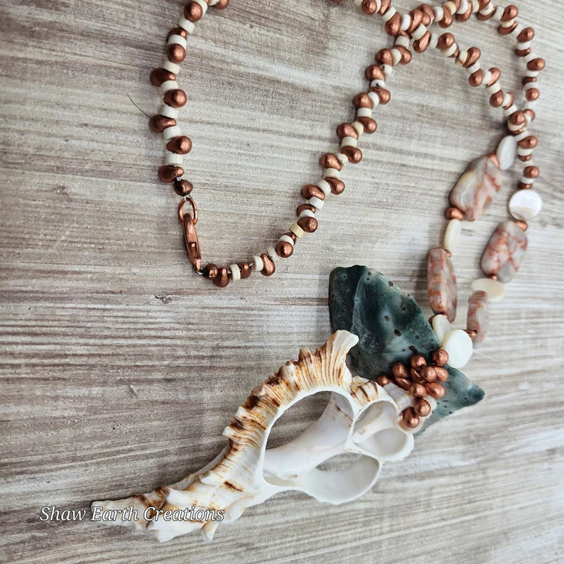 Hand Beaded Copper Picture Jasper and Seashell Necklace