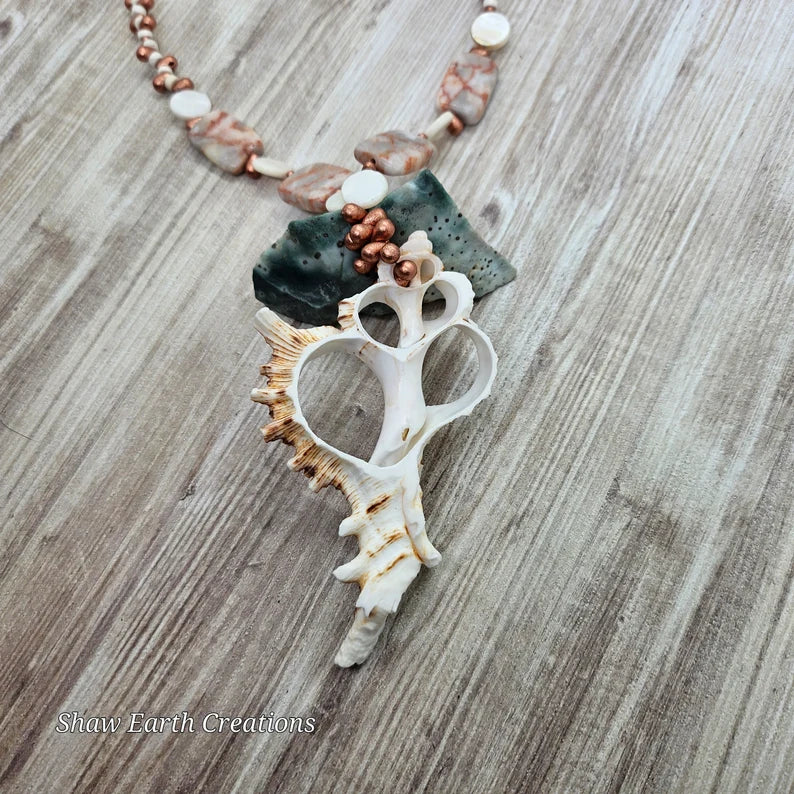 Hand Beaded Copper Picture Jasper and Seashell Necklace