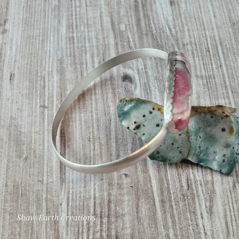 Handcut Argentinian Rhodochrosite Sterling Silver Bangle Bracelet