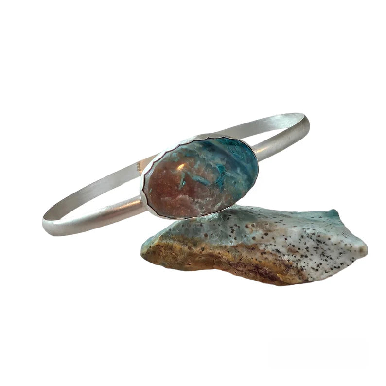 Handcut Gem Silica Sterling Silver Bangle Bracelet