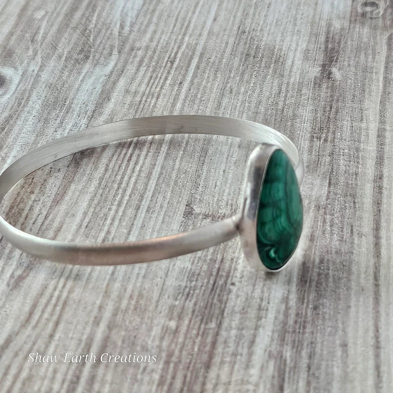 Handcut Malachite Sterling Silver Bangle Bracelet