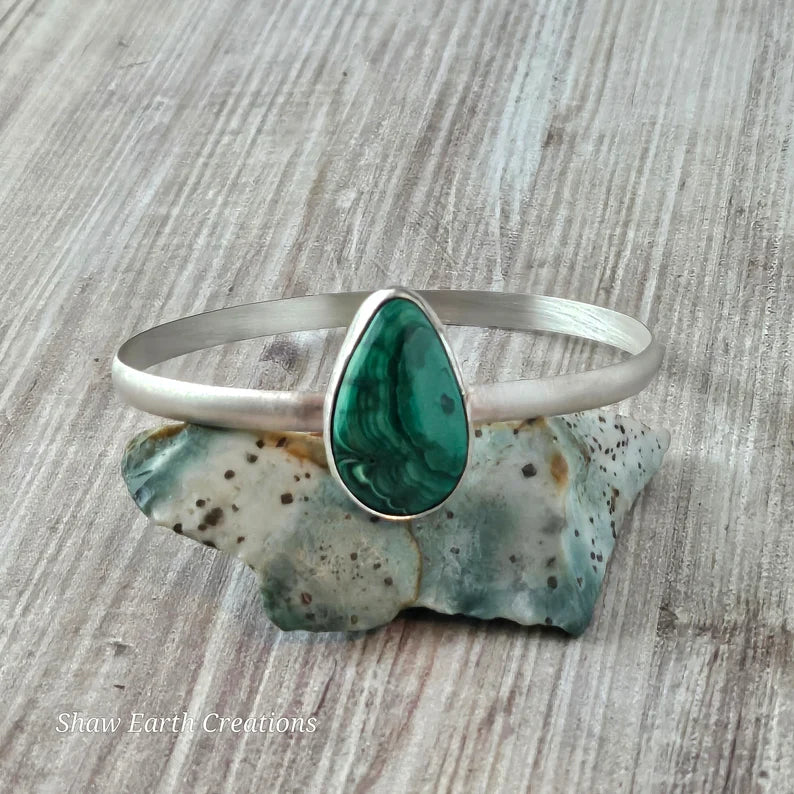 Handcut Malachite Sterling Silver Bangle Bracelet