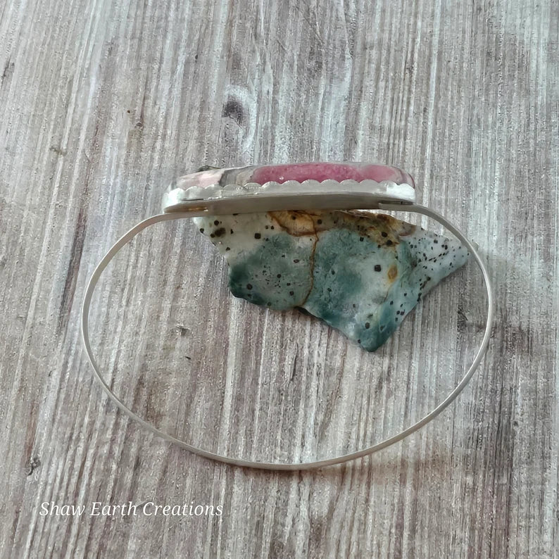 Handcut Argentinian Rhodochrosite Sterling Silver Bangle Bracelet