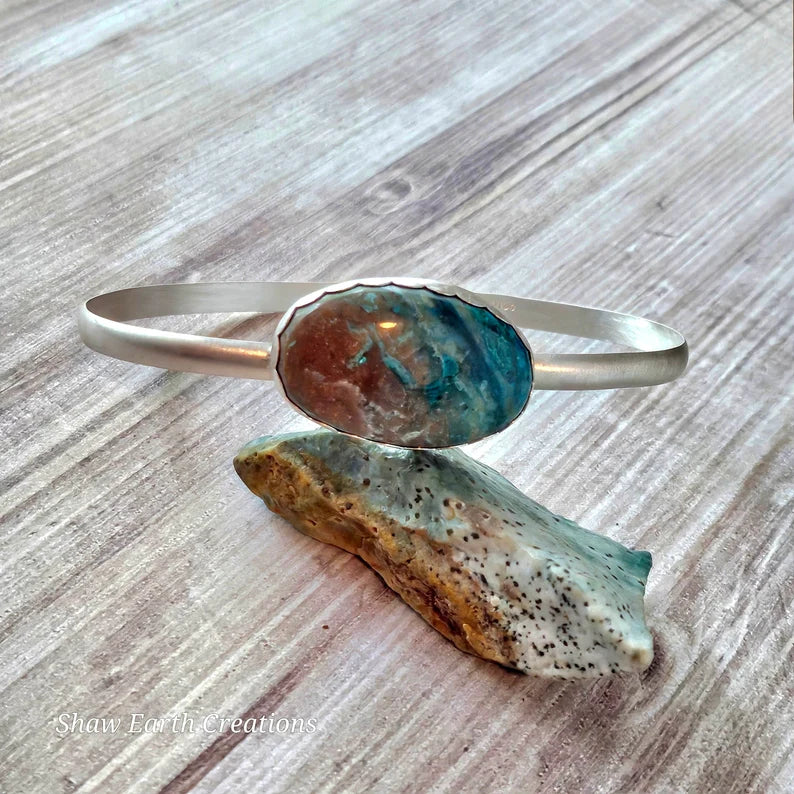 Handcut Gem Silica Sterling Silver Bangle Bracelet