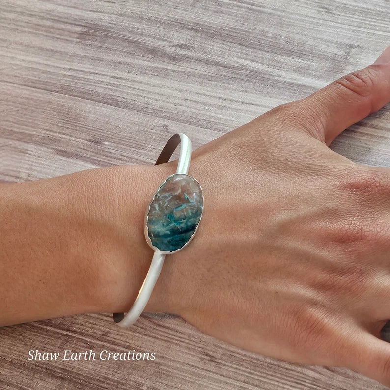 Handcut Gem Silica Sterling Silver Bangle Bracelet