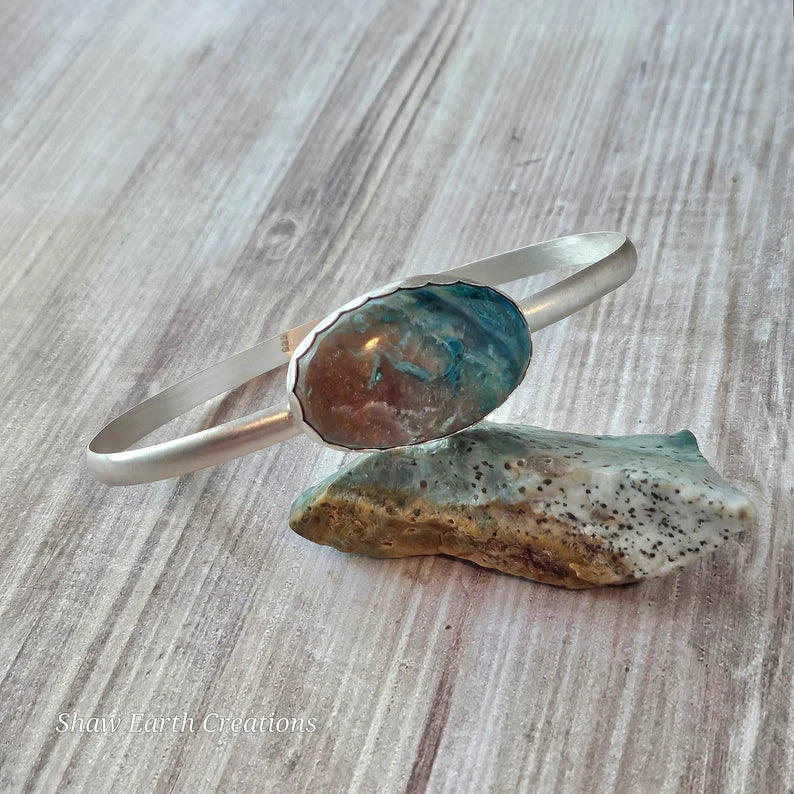 Handcut Gem Silica Sterling Silver Bangle Bracelet