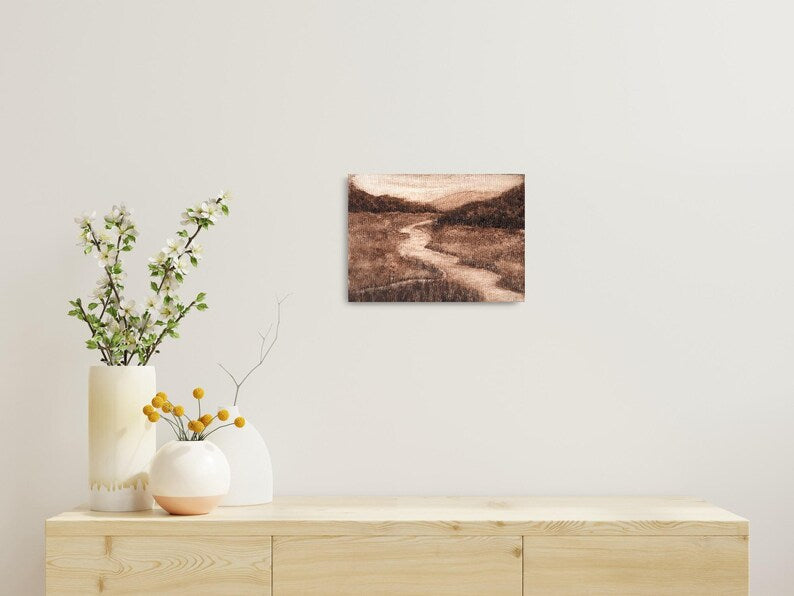 Original Sepia Landscape Painting "Sepia Stream" – Rustic Mountain Stream & Grassland Monochrome Art Painting