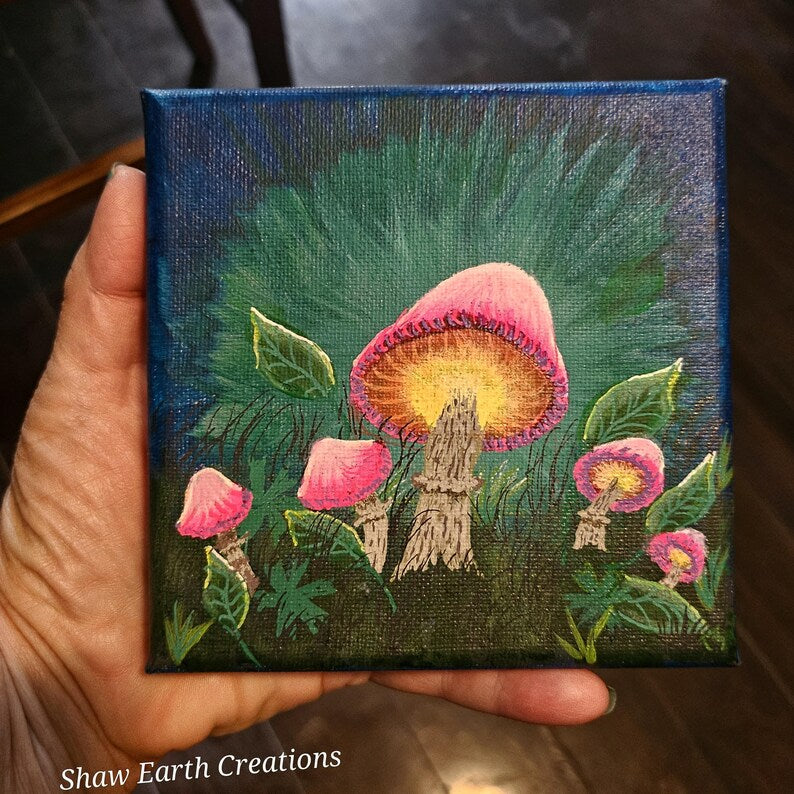 Original Fantasy Art – Pink Mushrooms & Fairy Fae Painting – Magical Forest Scene