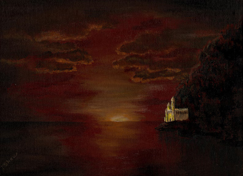 Castle in the Rock Original Fantasy Dark Goth Painting, Part of The Shadow Realm Collection, handmade by Shaw Earth Creations