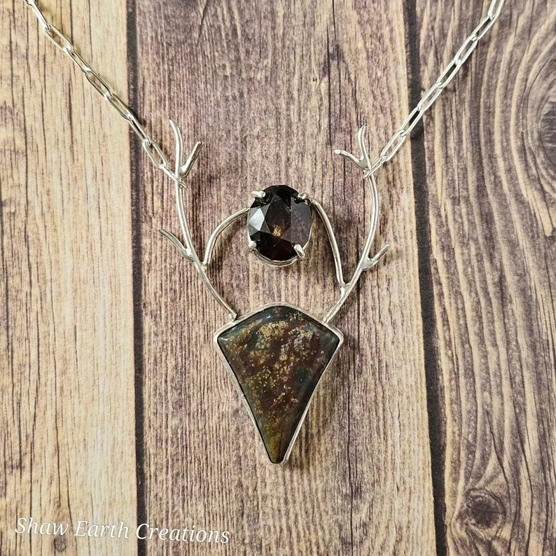 Handcut Garnet and Bloodstone Stag Fantasy Sterling Silver Necklace