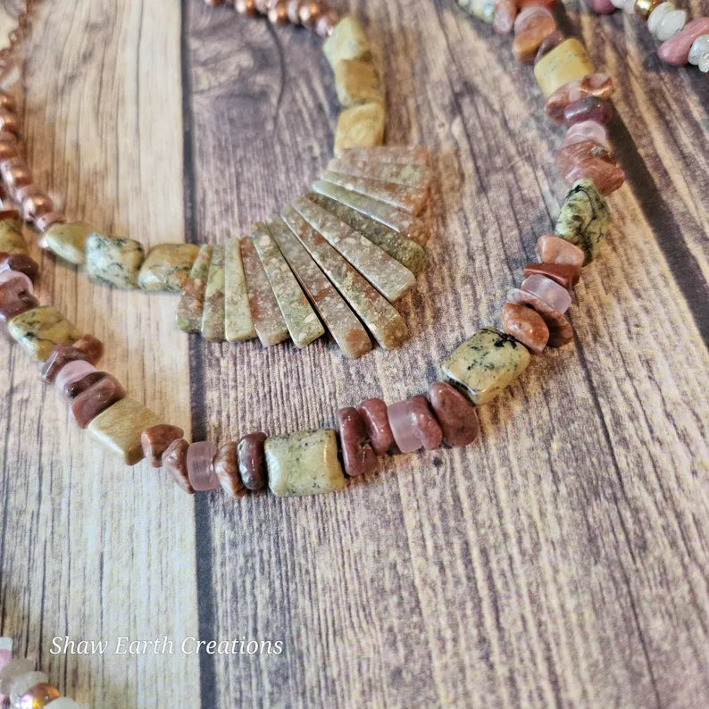 Hand Beaded Rhodonite Rose Quartz and Moonstone Multi Strand Necklace