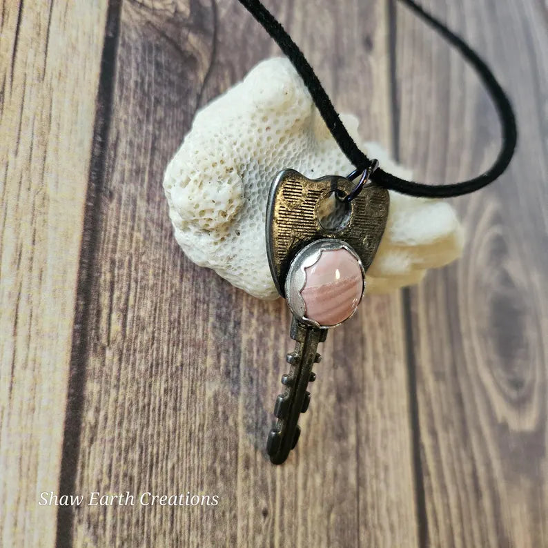 Handcut Peruvian Pink Opal Vintage Key Necklace