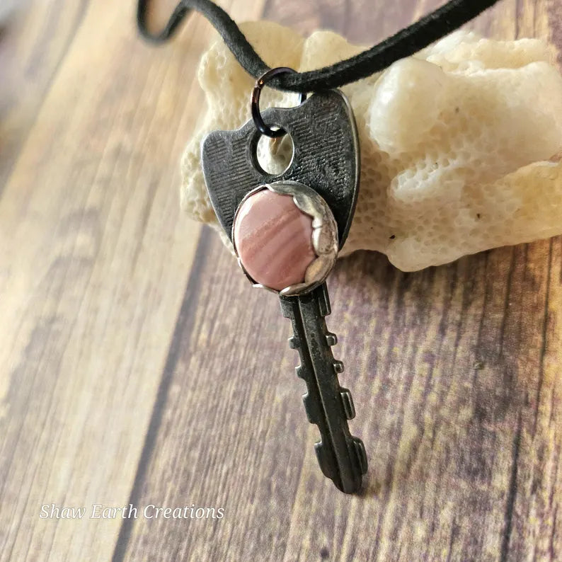 Handcut Peruvian Pink Opal Vintage Key Necklace