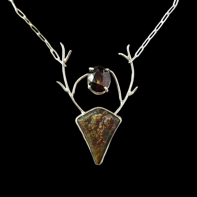 Handcut Garnet and Bloodstone Stag Fantasy Sterling Silver Necklace