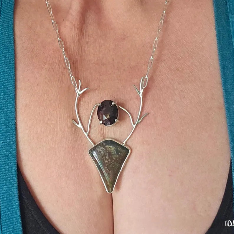 Handcut Garnet and Bloodstone Stag Fantasy Sterling Silver Necklace