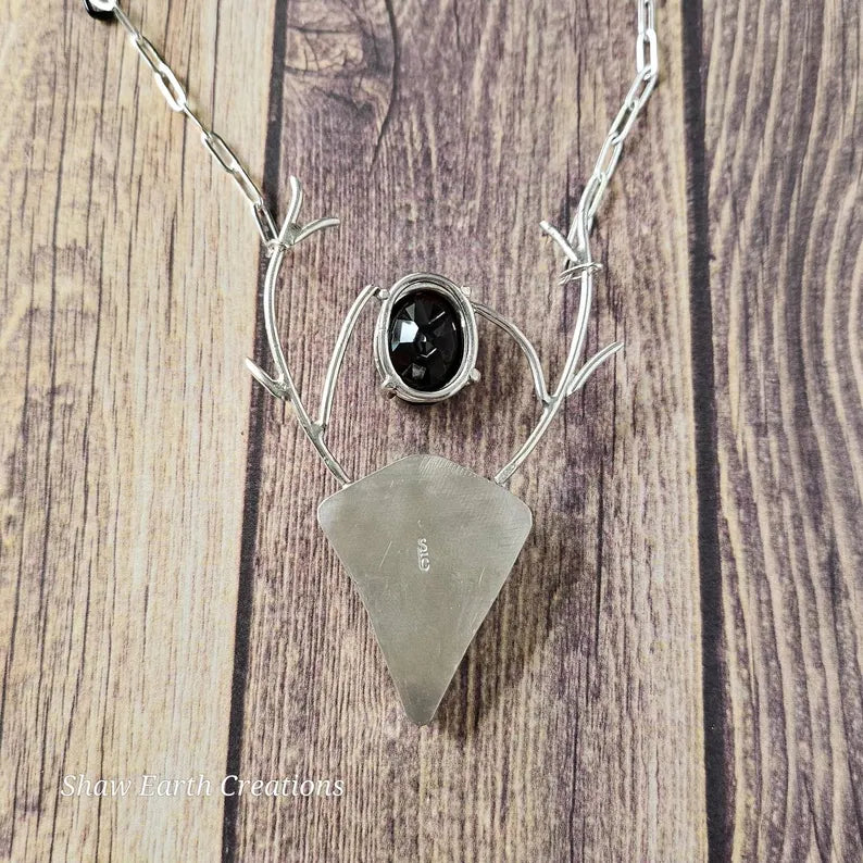 Handcut Garnet and Bloodstone Stag Fantasy Sterling Silver Necklace