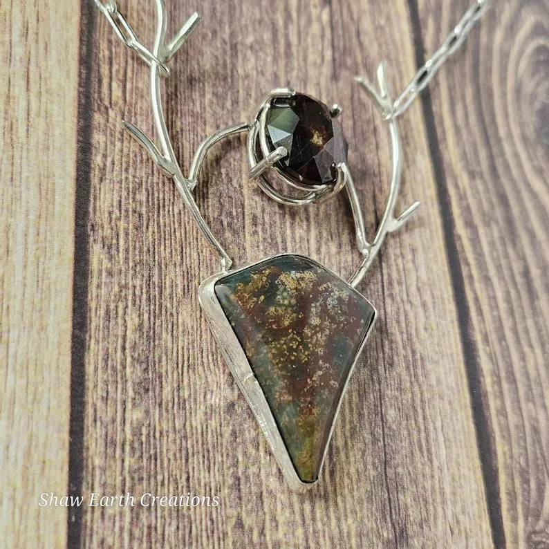 Handcut Garnet and Bloodstone Stag Fantasy Sterling Silver Necklace
