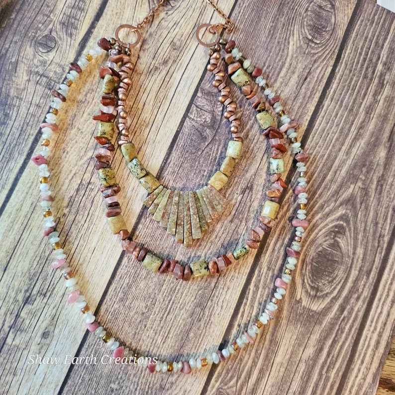 Hand Beaded Rhodonite Rose Quartz and Moonstone Multi Strand Necklace