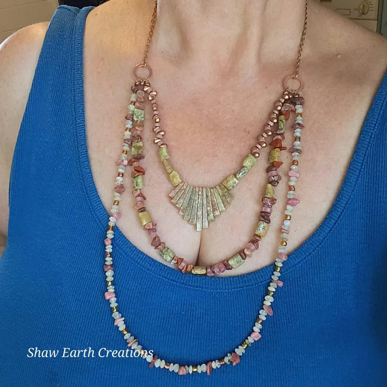 Hand Beaded Rhodonite Rose Quartz and Moonstone Multi Strand Necklace