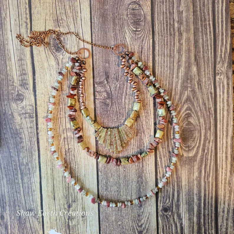 Hand Beaded Rhodonite Rose Quartz and Moonstone Multi Strand Necklace