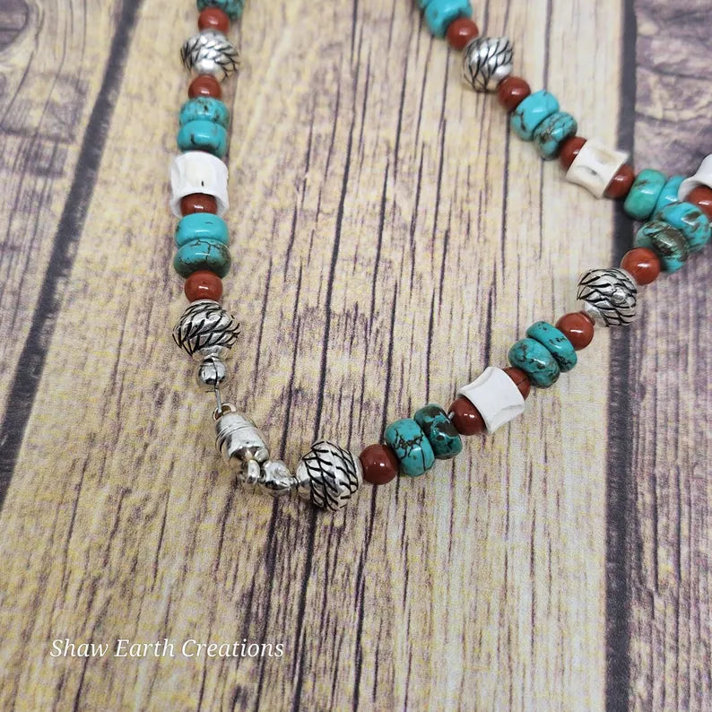 Hand Beaded Turquoise Jasper and Fishbone Feather Necklace