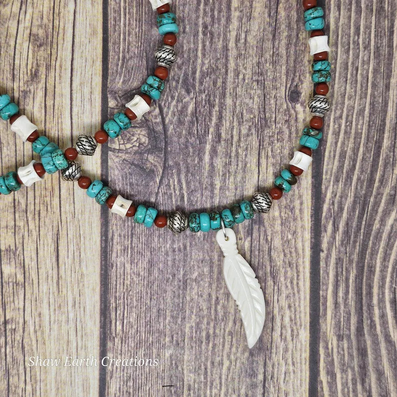 Hand Beaded Turquoise Jasper and Fishbone Feather Necklace