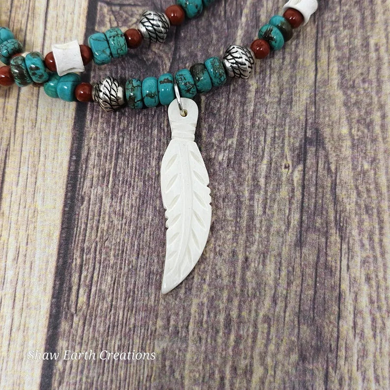 Hand Beaded Turquoise Jasper and Fishbone Feather Necklace