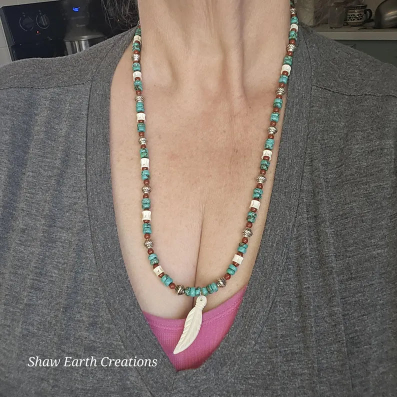 Hand Beaded Turquoise Jasper and Fishbone Feather Necklace